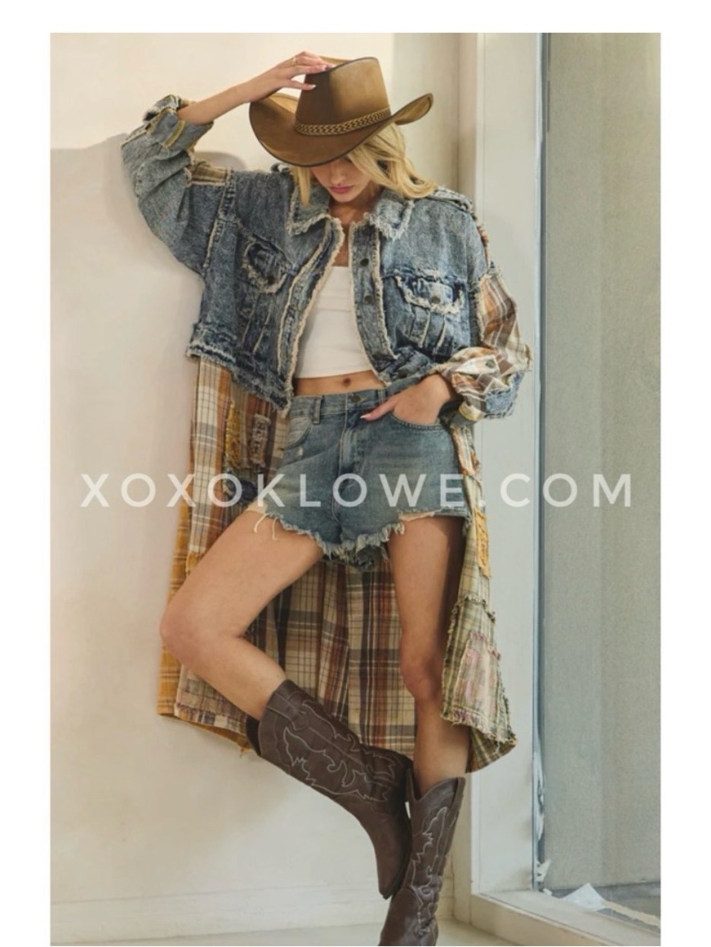 Oli & Hali Distressed Light Blue Denim Jacket with Yellow Plaid Lining Fits M-Xl